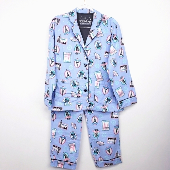 P.j. Salvage Blue Flannel Pajama Set Paris design Size Small - Picture 8 of 10
